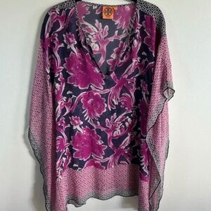 Tory Burch Silk Floral Caftan Cover-Up | Pink & Blue | M/L